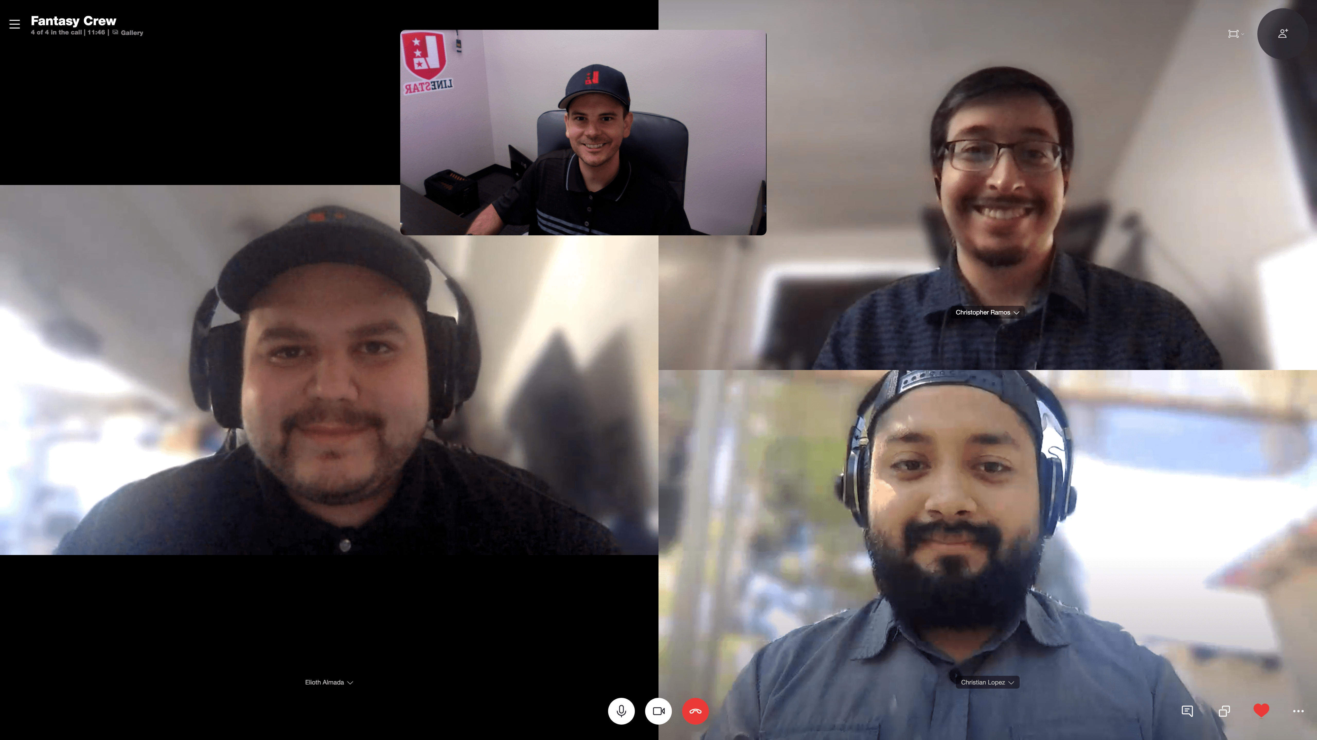 the screen shows four boxes, each with a member of the team in their home setting