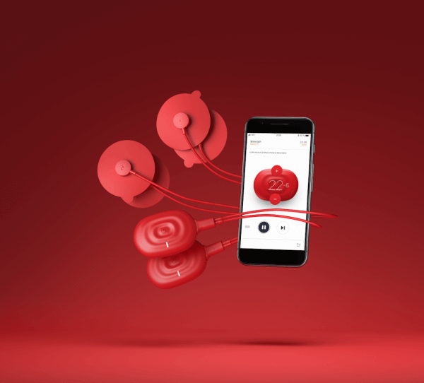 A phone is pictured with a red PowerDot device wrapped around it