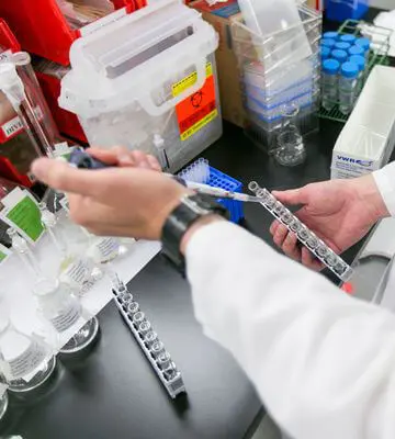 Zoomed in hands of a lab worker filling up vials for drug testing